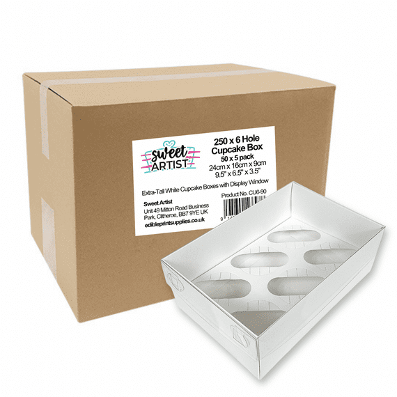 Bulk offer on 10 Packs of 5 White Cupcake Boxes with Clear Lid (Extra-Tall, 90mm) - Holds 6 Cupcakes
