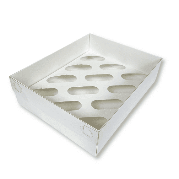 White 12-Hole Cupcake Boxes with Clear Lids (Extra-Tall, 90mm) - Pack of 5 - Holds 12 Cupcakes