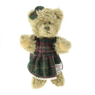 25cm Girl Teddy Bear with Harris Tweed Clothing in Dark Green & Plum Check