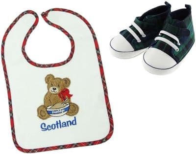 Baby Bib and Bootees 0-3 Months to 2 Years - Black Watch & Porridge Bear - Boys & Girls