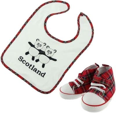 Baby Bib and Bootees 0-3 Months to 2 Years - Royal Stewart & Panda - Boys & Girls