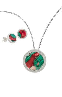 Beautiful Round Satin Scottish Heathergems Silver Necklace & Earrings Set - Gift