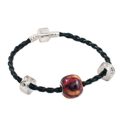 Beautiful Scottish Round Heather Bead Heathergems Leather Bracelet With Gift Box
