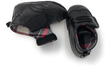 Black Soft Brogues Shoes for Babies - 100% Cotton Tartan Lining - Loop and Hook for Easy Fastening