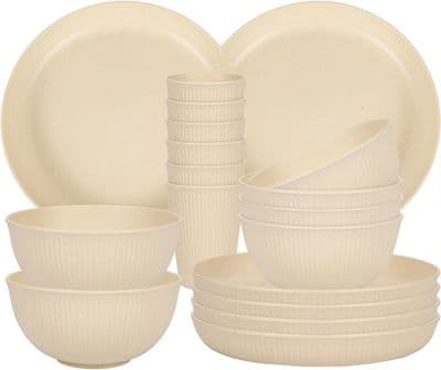 Camping Plates | Unbreakable Dinner Sets for 6 | 18 Pcs Plastic Picnic Set for Party | Beige