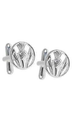 Family Scottish Traditional Pierced Thistle Silver Plated Polished Pewter Cufflinks With Box