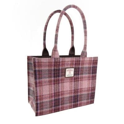 Full Harris Tweed Pink Burgundy Check Large Tote Bag