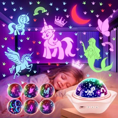 Girls Projector Night Light | 6 Films Unicorn Princess Mermaids 360° Rotate Lamp