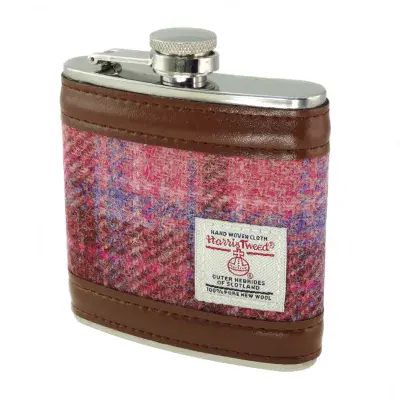 Harris Tweed 6oz Hip Flask Gift Boxed - Pink Tartan