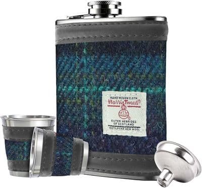 Harris Tweed 6oz Hip Flask Set Gift Boxed - Blue-Turquoise Check