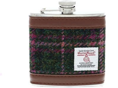 Harris Tweed 6oz Hip Flask Set Gift Boxed - Dark Green-Plum Check