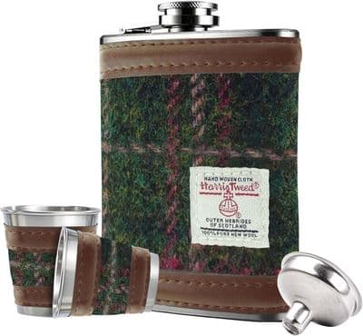Harris Tweed 6oz Hip Flask Set Gift Boxed - Green-Plum Check