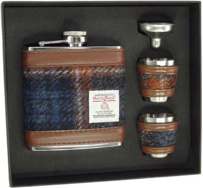 Harris Tweed 6oz Hip Flask Set Gift Boxed - Grey-Rust Check