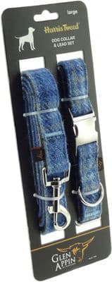 Harris Tweed Authentic Scottish Dog Collar and Lead Set - in Light Blue Check Tartan