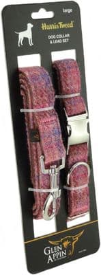 Harris Tweed Authentic Scottish Dog Collar and Lead Set - in Pink Check