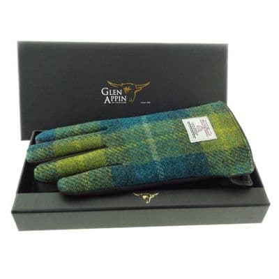 Harris Tweed Blue-Green Tartan Leather Gloves