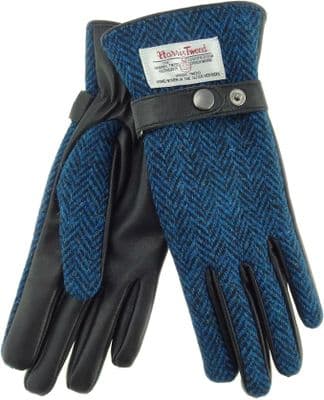 Harris Tweed Blue Herringbone Leather Gloves