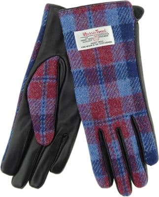 Harris Tweed Blue-Pink Check Leather Gloves