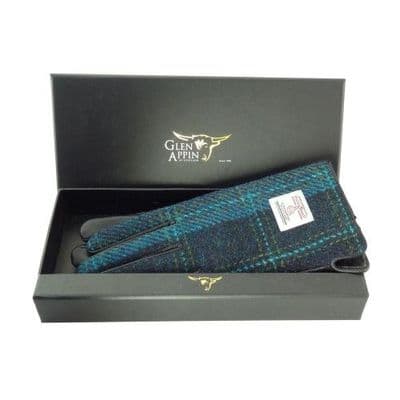Harris Tweed Blue-Turquoise Check Leather Gloves