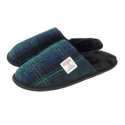 Harris Tweed Blue-Turquoise Check Slippers