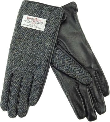 Harris Tweed Charcoal Herringbone Leather Gloves