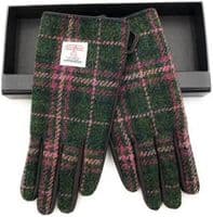 Harris Tweed Dark Green-Plum Check Leather Gloves