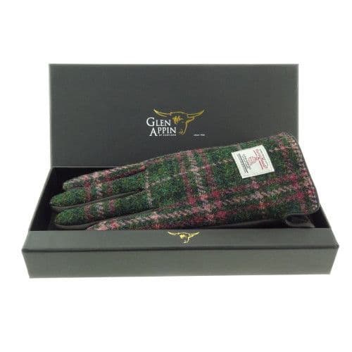 Harris Tweed Dark Green-Plum Check Leather Gloves