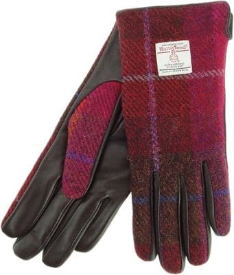 Harris Tweed Dark Pink Tartan Leather Gloves