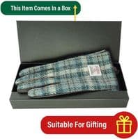 Harris Tweed Duck Egg-Cream Check Leather Gloves