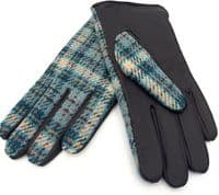 Harris Tweed Duck Egg-Cream Check Leather Gloves