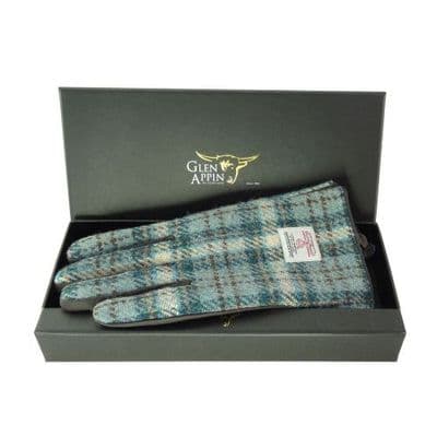 Harris Tweed Duck Egg-Cream Check Leather Gloves
