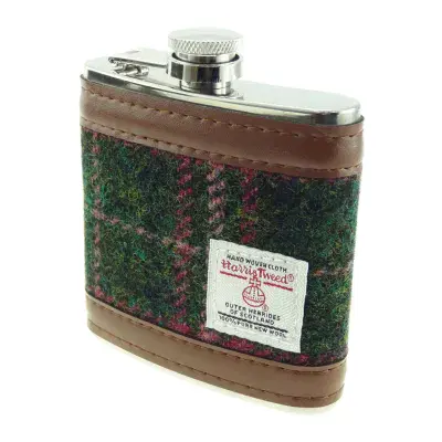 Harris Tweed Hip Flask Gift Boxed - Dark Green Check