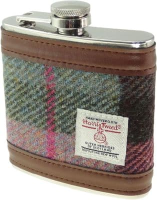Harris Tweed Hip Flask Gift Boxed - Green-Pink Tartan