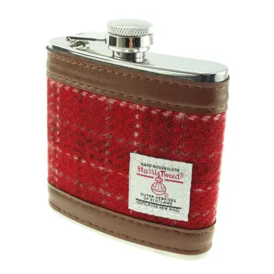 Harris Tweed Hip Flask Gift Boxed - Red Check