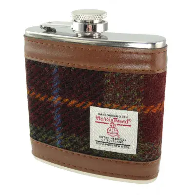 Harris Tweed Hip Flask Gift Boxed - Rust Check