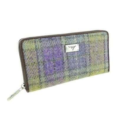 Harris Tweed Lilac-Lime Green Tartan Long Zip Purse
