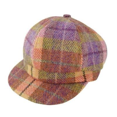 Harris Tweed Peach-Purple Tartan Baker Boy Hat