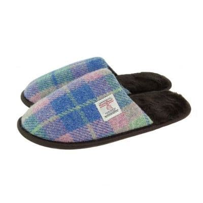 Harris Tweed Pink-Blue Tartan Slippers