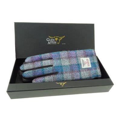 Harris Tweed Purple-Grey-Blue Check Leather Gloves