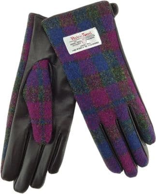 Harris Tweed Purple-Pink Check Leather Gloves