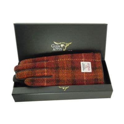 Harris Tweed Rust-Orange Check Leather Gloves