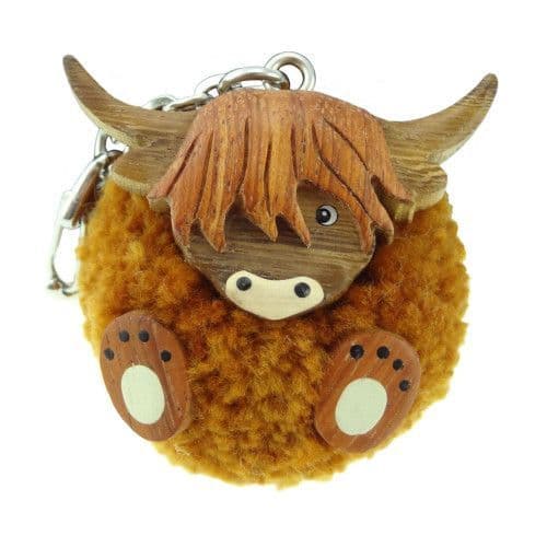 Highland Cow Keyring Unique Pom Pom Wooden Keychain Limited