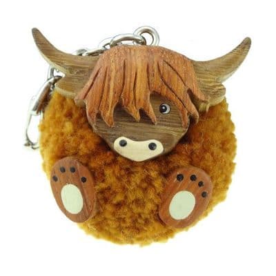 Highland Cow Keyring - Unique Pom Pom Wooden Keychain - Limited Edition