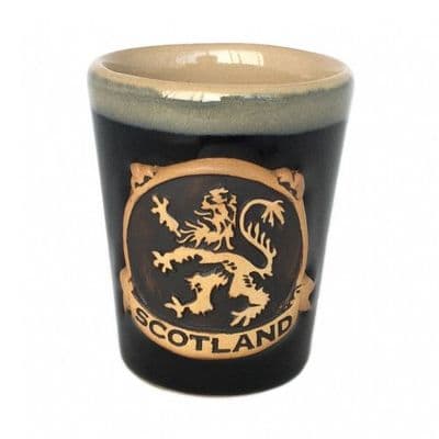 Lion Rampant Shot Glass | Black Stoneware Glass | Dishwasher Safe | Whisky, Vodka, Tequila |
