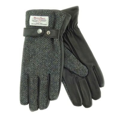 Men's Harris Tweed Charcoal Herringbone Black Leather Gloves