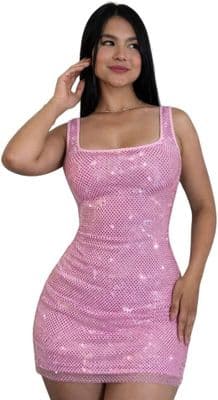 Pink Sequin Mini Dress | Backless Bodycon | Rhinestone Sparkling Cocktail Dress | Evening Wear