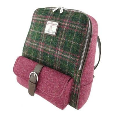 Women's Backpack | Harris Tweed Wool | Green & Plum Check | Unique Design |