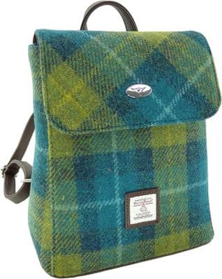 Women's Mini Backpack | Harris Tweed Wool | Blue & Green Tartan | Unique Design |