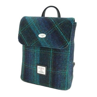 Women's Mini Backpack | Harris Tweed Wool | Blue & Turquoise Check| Unique Design |