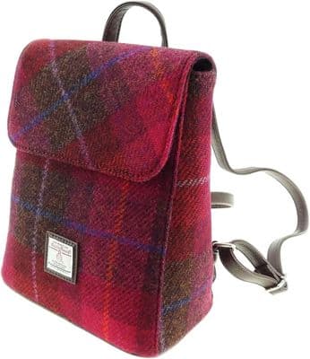 Women's Mini Backpack | Harris Tweed Wool | Deep Pink Tartan | Unique Design |